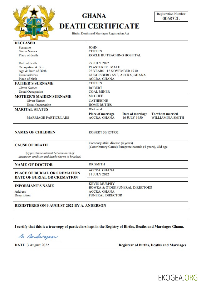 Modèle Word et PDF de certificat de décès de l'état civil du Ghana